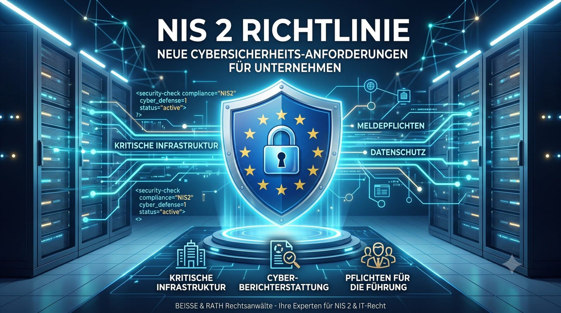 Digitale Illustration zur EU NIS-2-Richtlinie: Ein leuchtendes Schutzschild umgeben von Servern, das Cybersicherheit, Compliance und Datenschutz für kritische Infrastrukturen symbolisiert.
