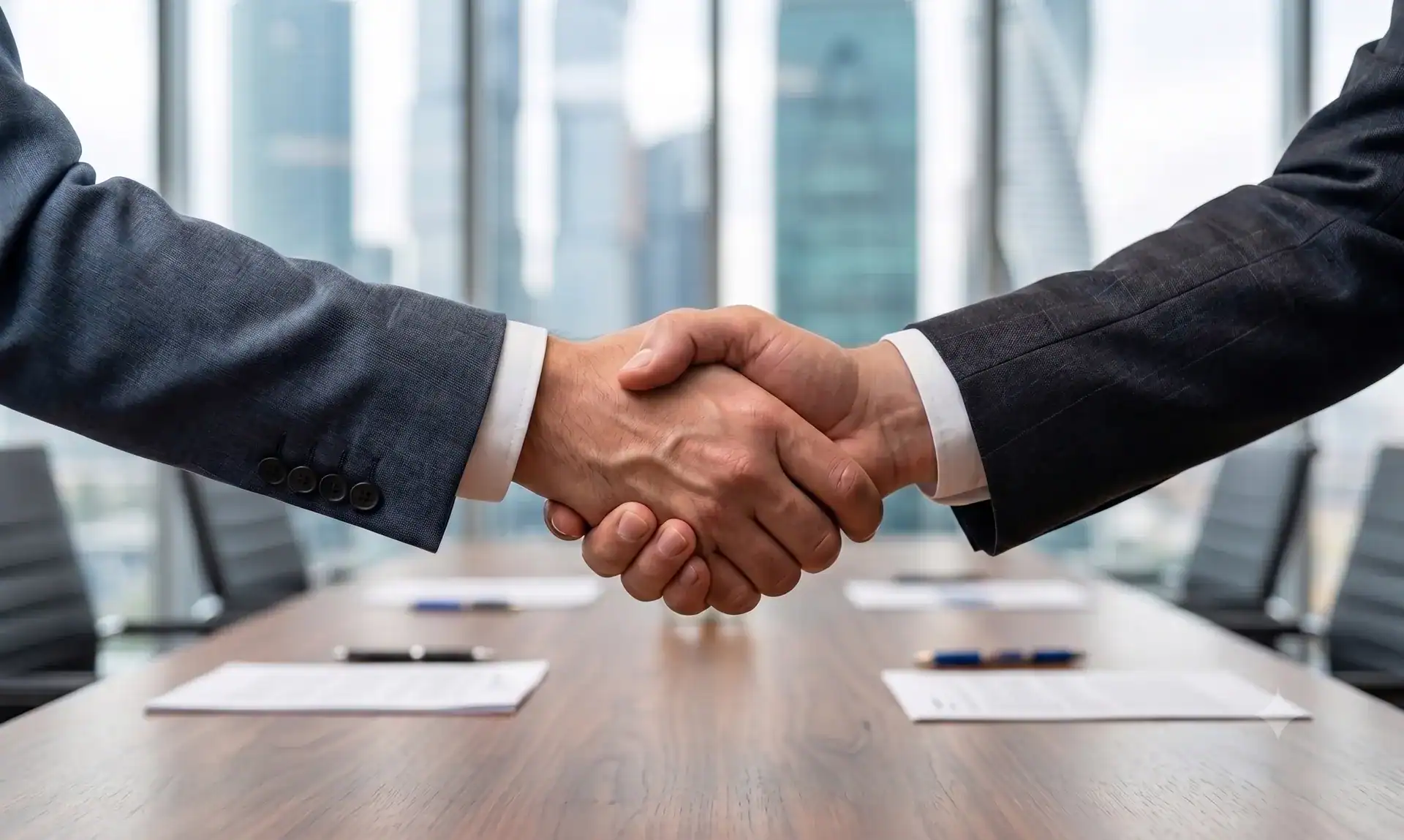 Symbolischer Handschlag zweier Geschäftspartner am Konferenztisch als Zeichen einer erfolgreichen Einigung und rechtlichen Beratung durch BEISSE & RATH.
