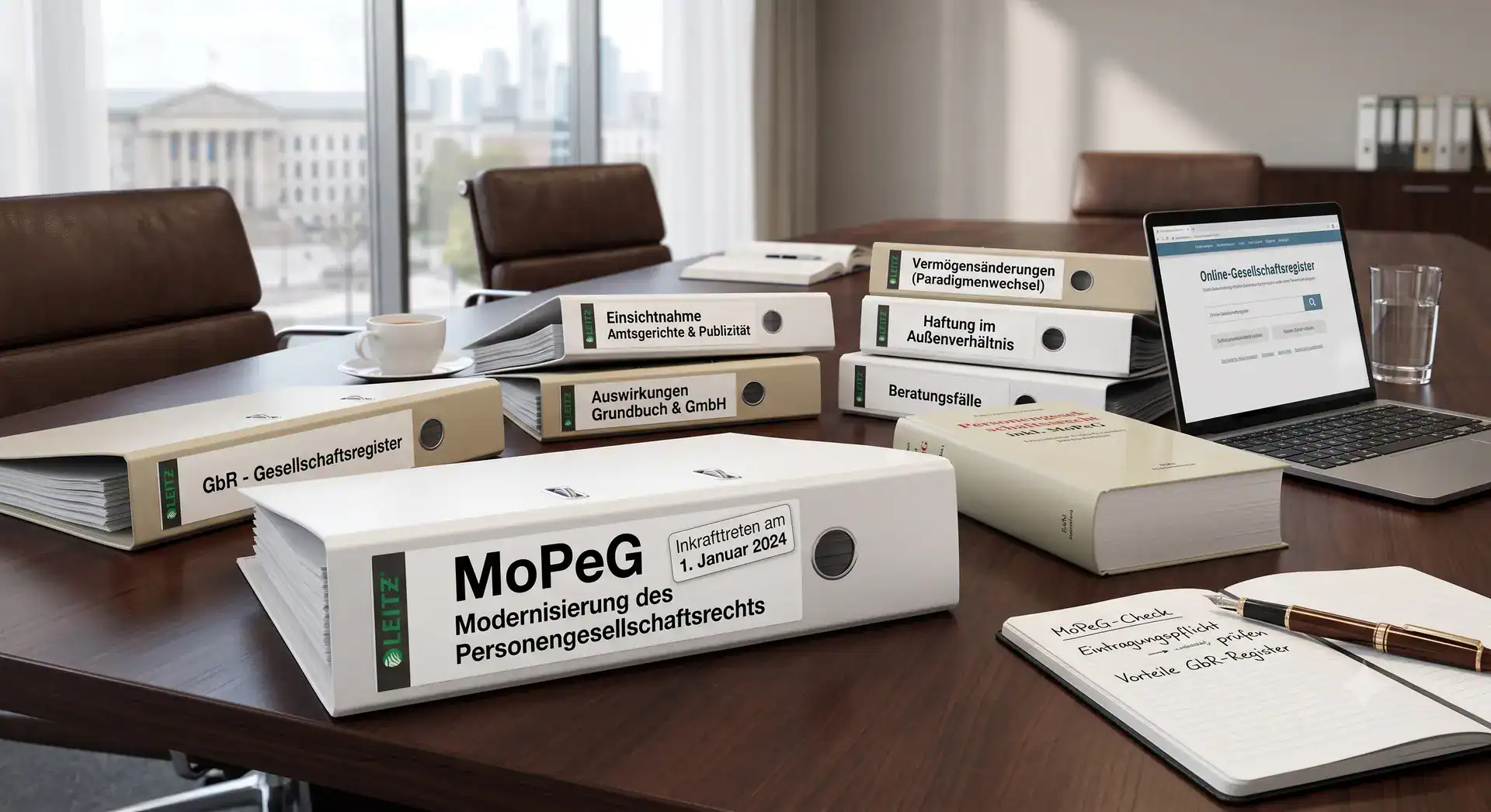 Symbolbild zum neuen Personengesellschaftsrecht (MoPeG): Juristische Aktenordner auf einem Konferenztisch mit Fokus auf die GbR und das neue Gesellschaftsregister.