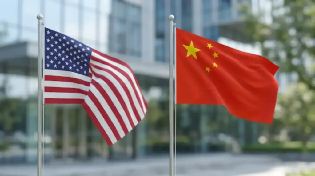 Symbolbild für den Handelskonflikt: Die Flaggen der USA und Chinas, leicht unscharf im Hintergrund. BEISSE & RATH berät deutsche Unternehmen zu internationalen Sanktionen und Exportkontrolle.