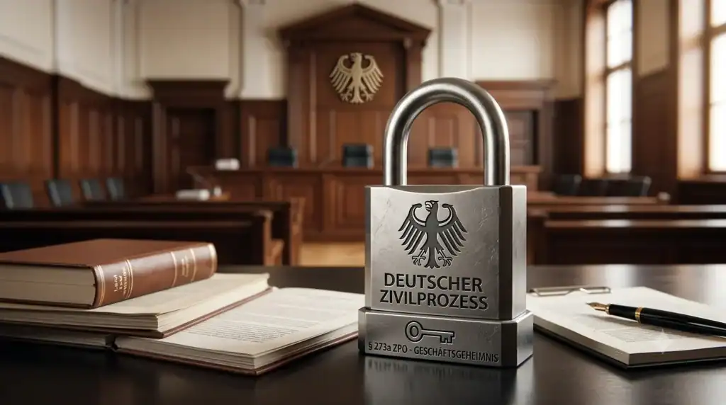 Symbolbild für den Schutz von Geschäftsgeheimnissen vor Gericht: Ein Vorhängeschloss im scharfen Vordergrund vor einem unscharfen Gerichtssaal, stellvertretend für den neuen § 273a ZPO.