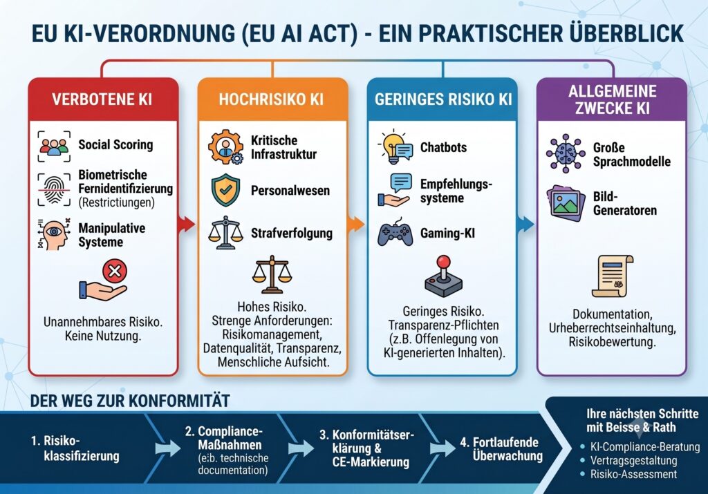 Digitale Illustration zur EU-KI-Verordnung. Zu sehen ist ein leuchtendes, künstliches Gehirn oder ein KI-Chip, umgeben von den Sternen der Europäischen Union und einem Paragrafenzeichen, was die neue rechtliche Regulierung von künstlicher Intelligenz symbolisiert.