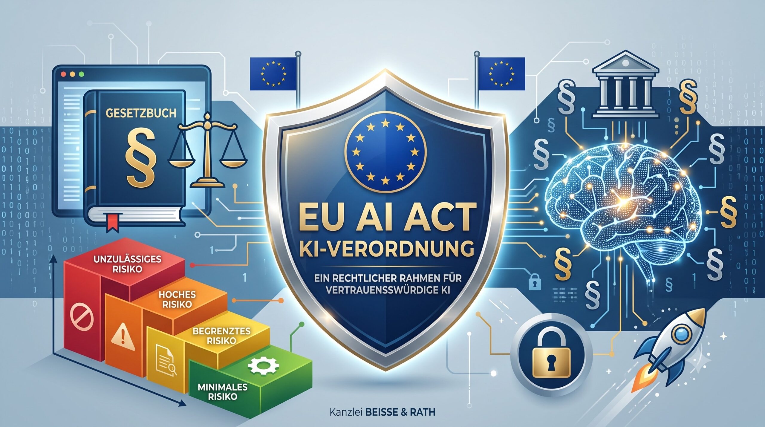 Digitale Illustration zur KI-Verordnung (AI Act). Zu sehen ist eine Waage der Justiz, kombiniert mit Netzwerken, einem digitalen Gehirn und europäischen Symbolen, was die neue rechtliche Regulierung und Compliance von KI-Systemen in Europa darstellt.