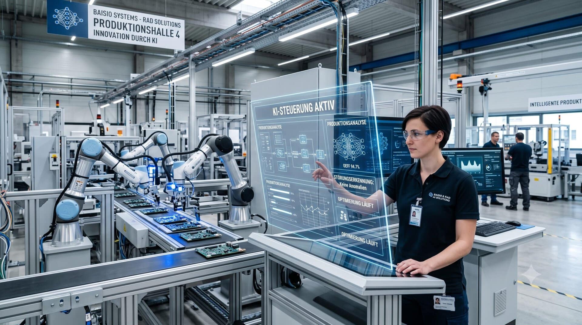 Mitarbeiterin bedient ein transparentes digitales KI-Dashboard zur Fertigungsanalyse vor modernen Roboterarmen in einer Industriehalle.